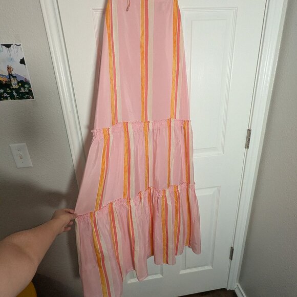 Club Monaco Amirra Halter Neck Dress Size 10 Striped Silk Tiered Midi Pink - Picture 2 of 5